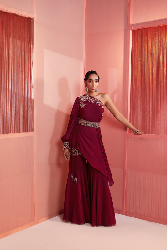 Plum One Shoulder Cape and Sharara Set