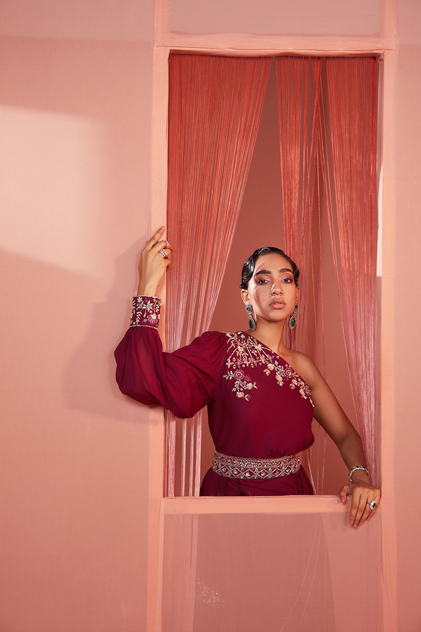 Plum One Shoulder Cape and Sharara Set