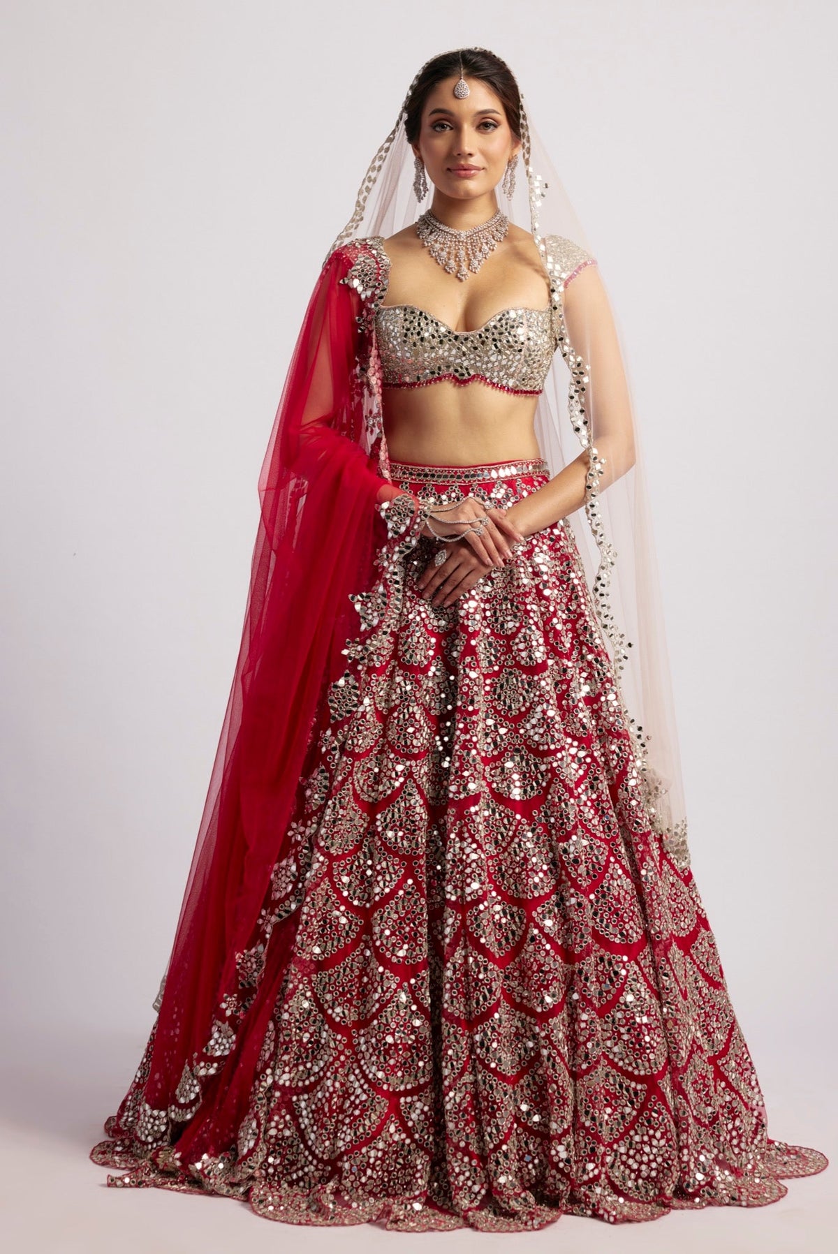 RANGREZ RED PINK MIRROR LEHENGA