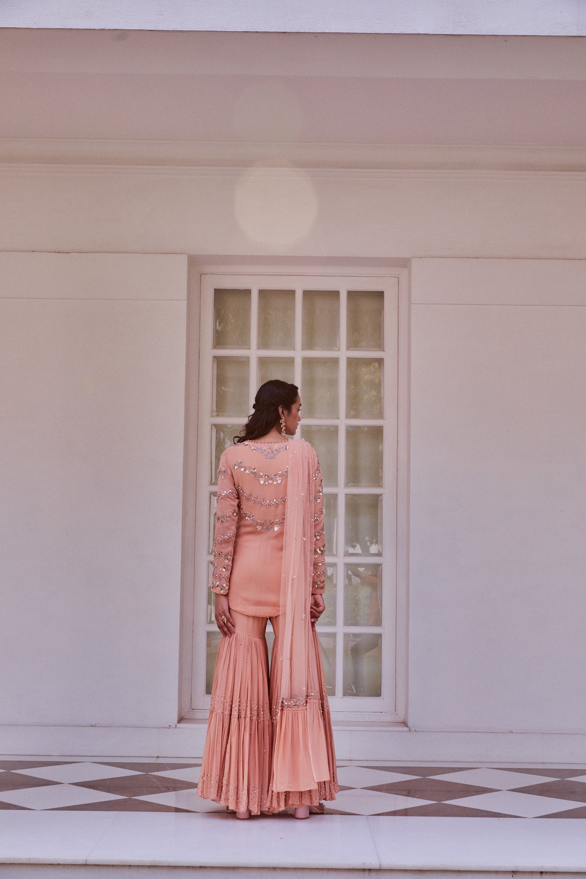 Rose Gold Kurta and Tiered Sharara With Dupatta Set