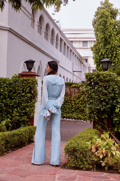 Ice Blue Ruffle Top and Pants Set
