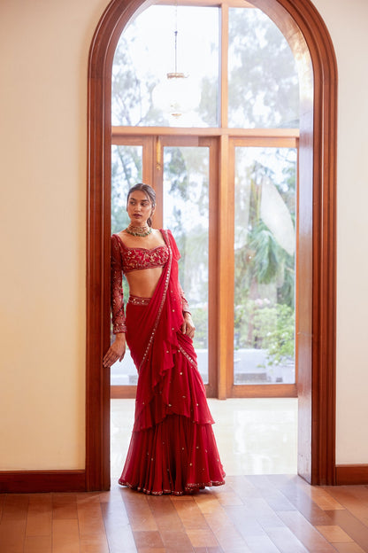 Fuchsia Pre-Stitched Ruffle Saree with Blouse