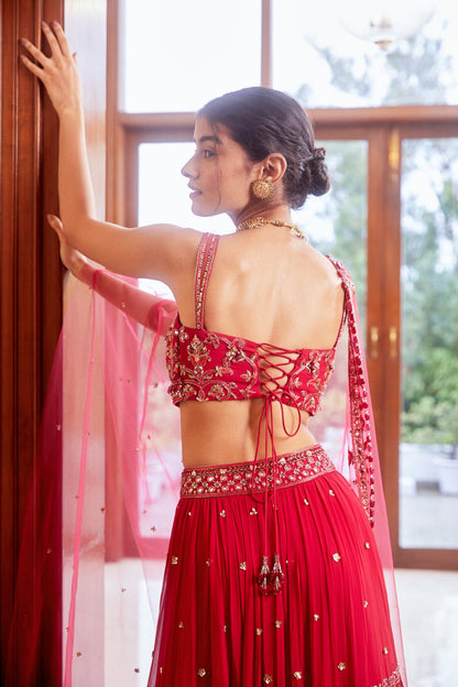 Fuchsia Three Tiered Lehenga with Blouse and Dupatta Set