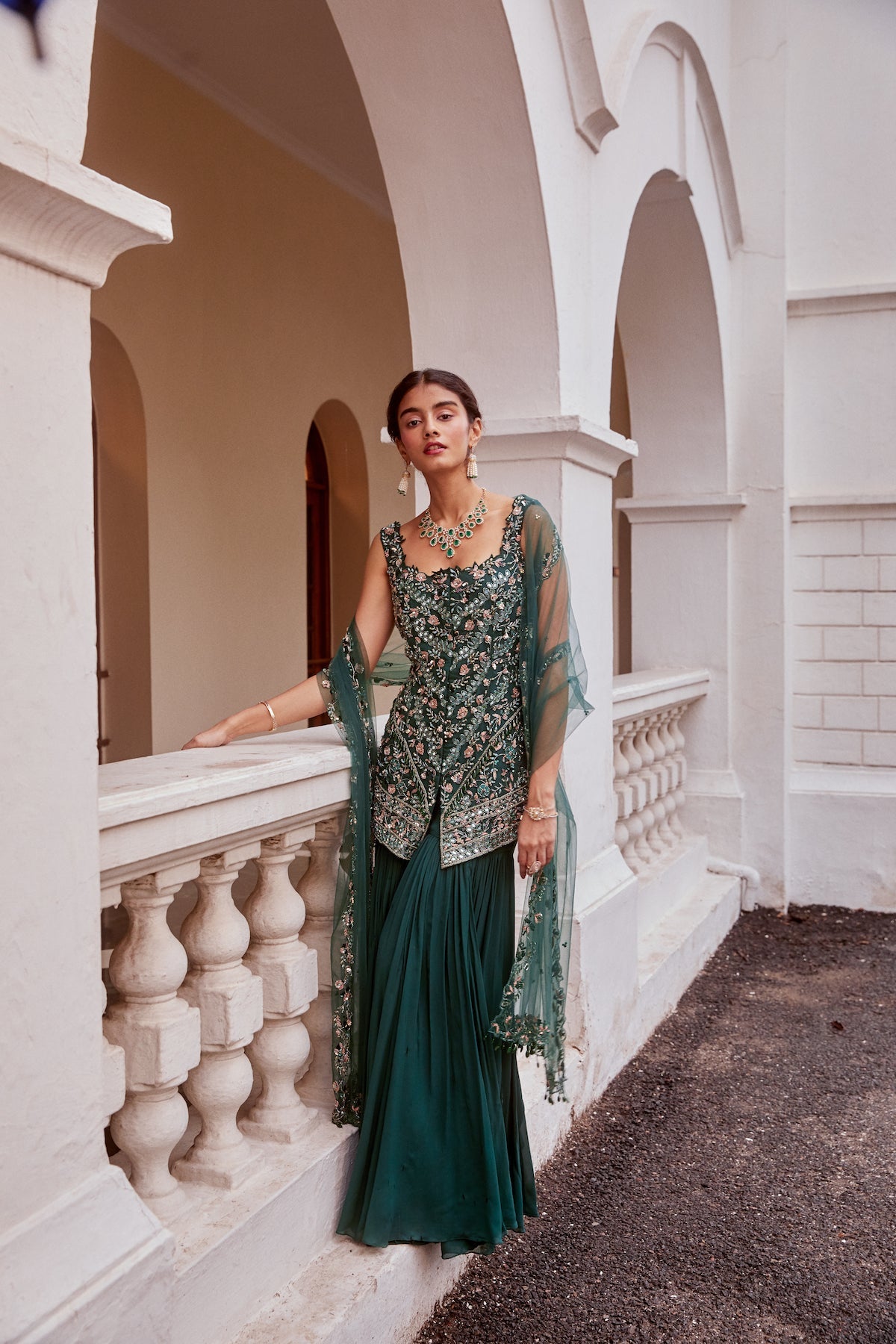 Teal green Short Shirt with Sharara and Dupatta Set