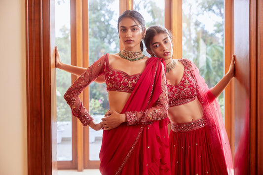 Fuchsia Pre-Stitched Ruffle Saree with Blouse