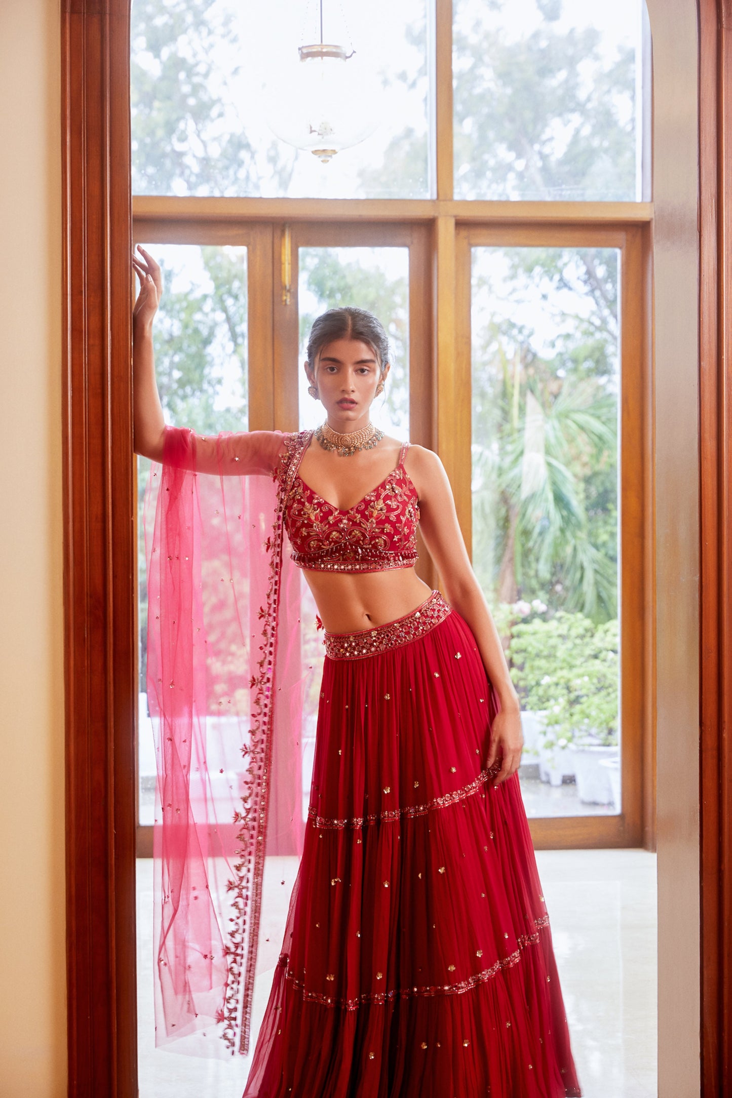 Fuchsia Three Tiered Lehenga with Blouse and Dupatta Set