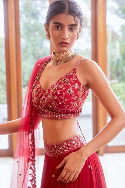 Fuchsia Three Tiered Lehenga with Blouse and Dupatta Set