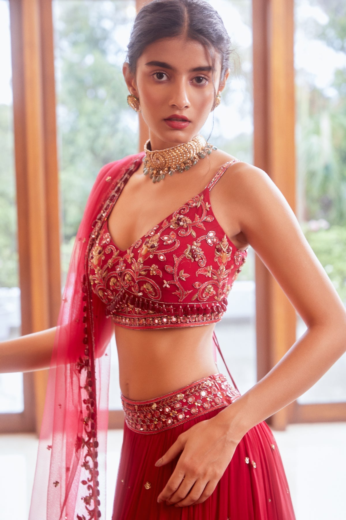 Meher in  Fuchsia Three Tiered Lehenga with Blouse and Dupatta Set
