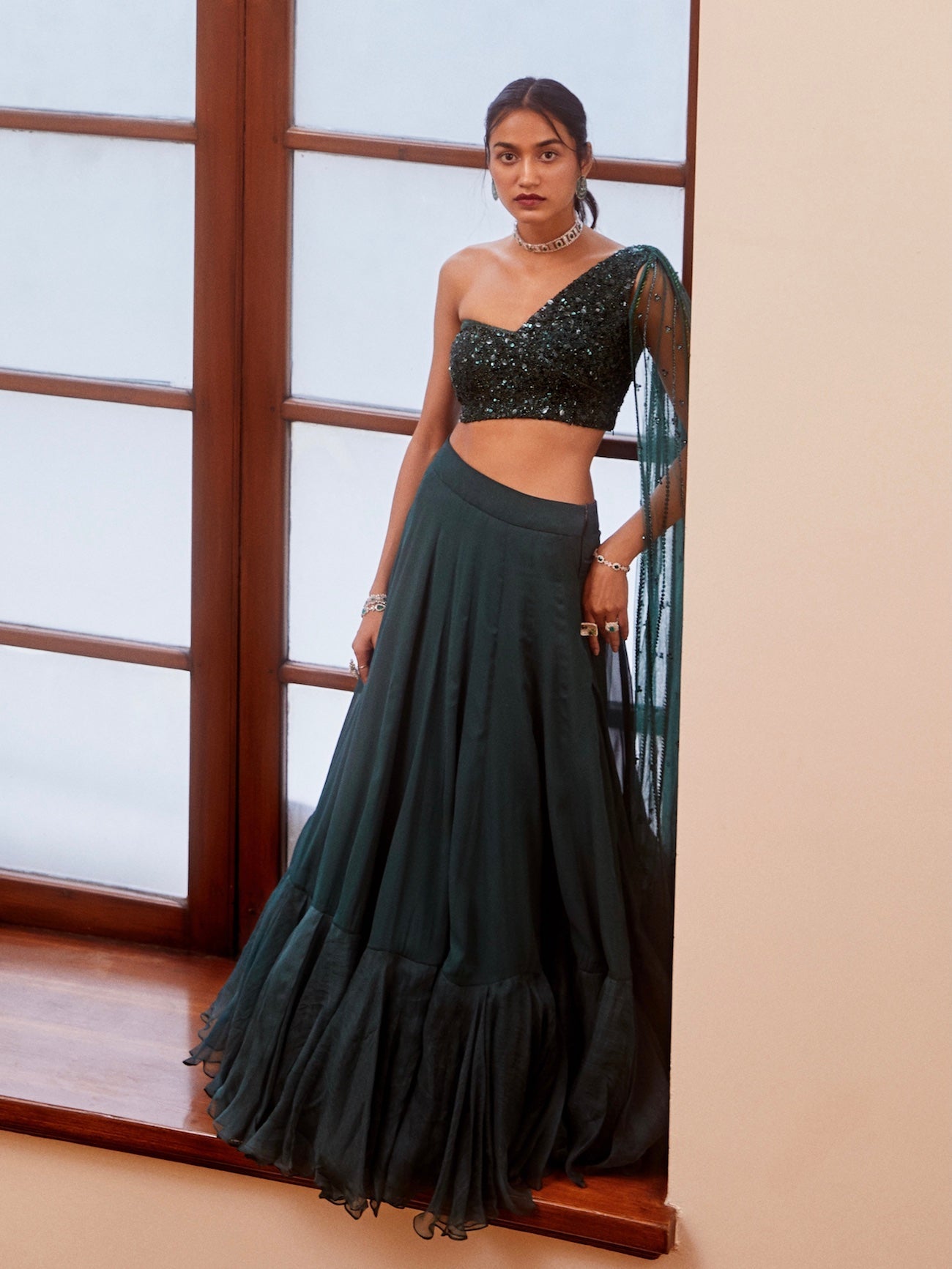 Teal Green Tonal Embroidered Blouse and Lehenga Set