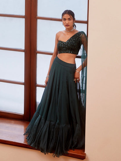 Teal Green Tonal Embroidered Blouse and Lehenga Set