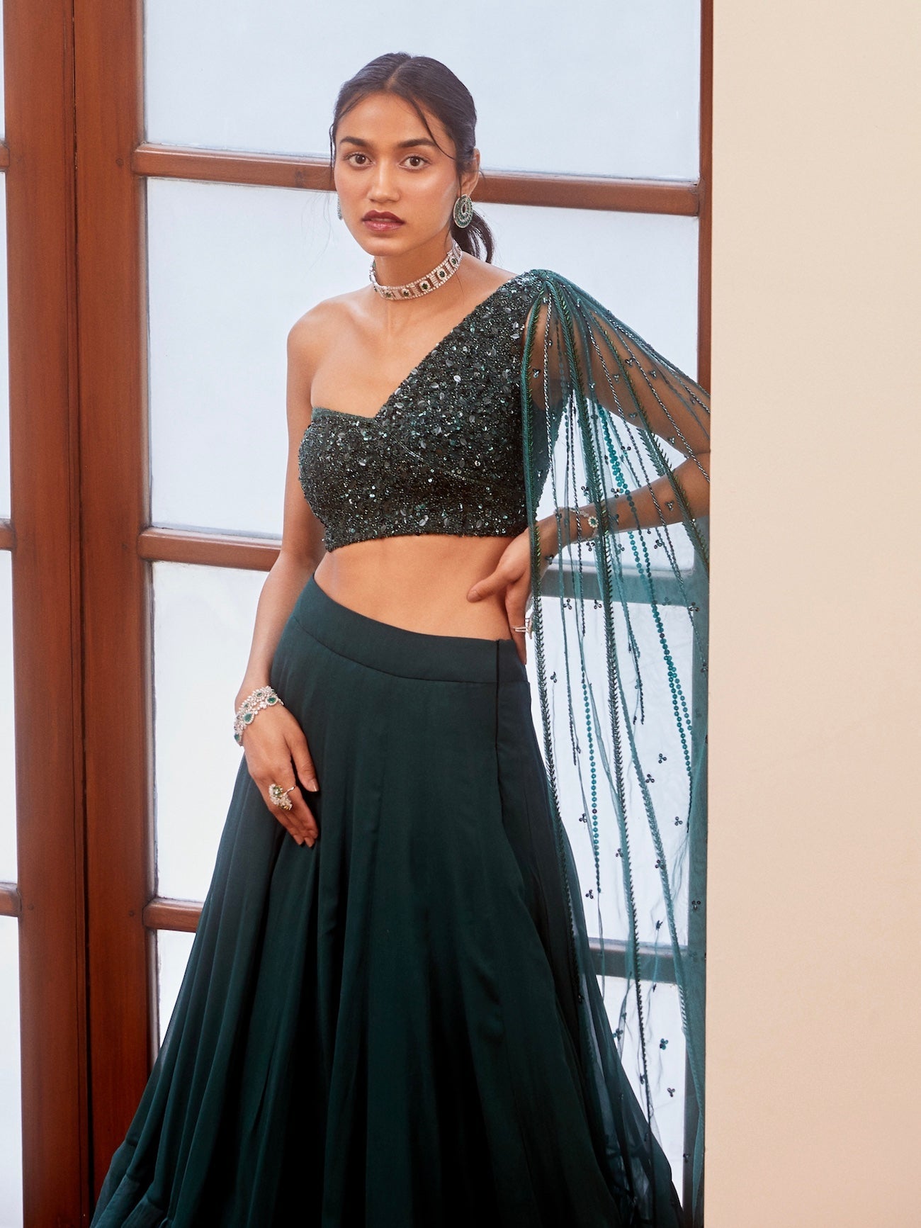 Teal Green Tonal Embroidered Blouse and Lehenga Set