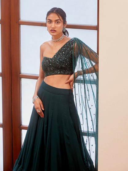 Teal Green Tonal Embroidered Blouse and Lehenga Set