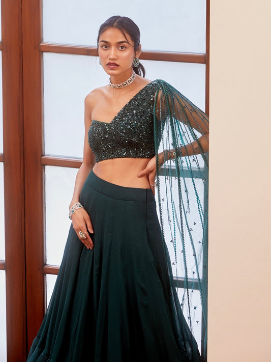 Teal Green Tonal Embroidered Blouse and Lehenga Set