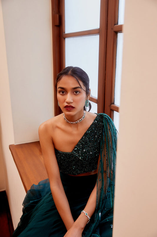 Teal Green Tonal Embroidered Blouse and Lehenga Set