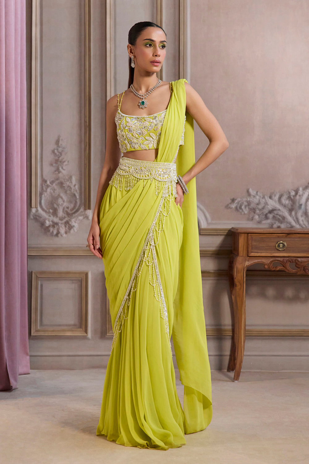 Neon Green Pre-Draped Saree With Bustier and Embroidered Belt