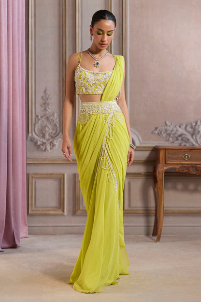 Neon Green Pre-Draped Saree With Bustier and Embroidered Belt