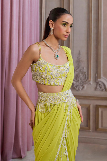 Neon Green Pre-Draped Saree With Bustier and Embroidered Belt