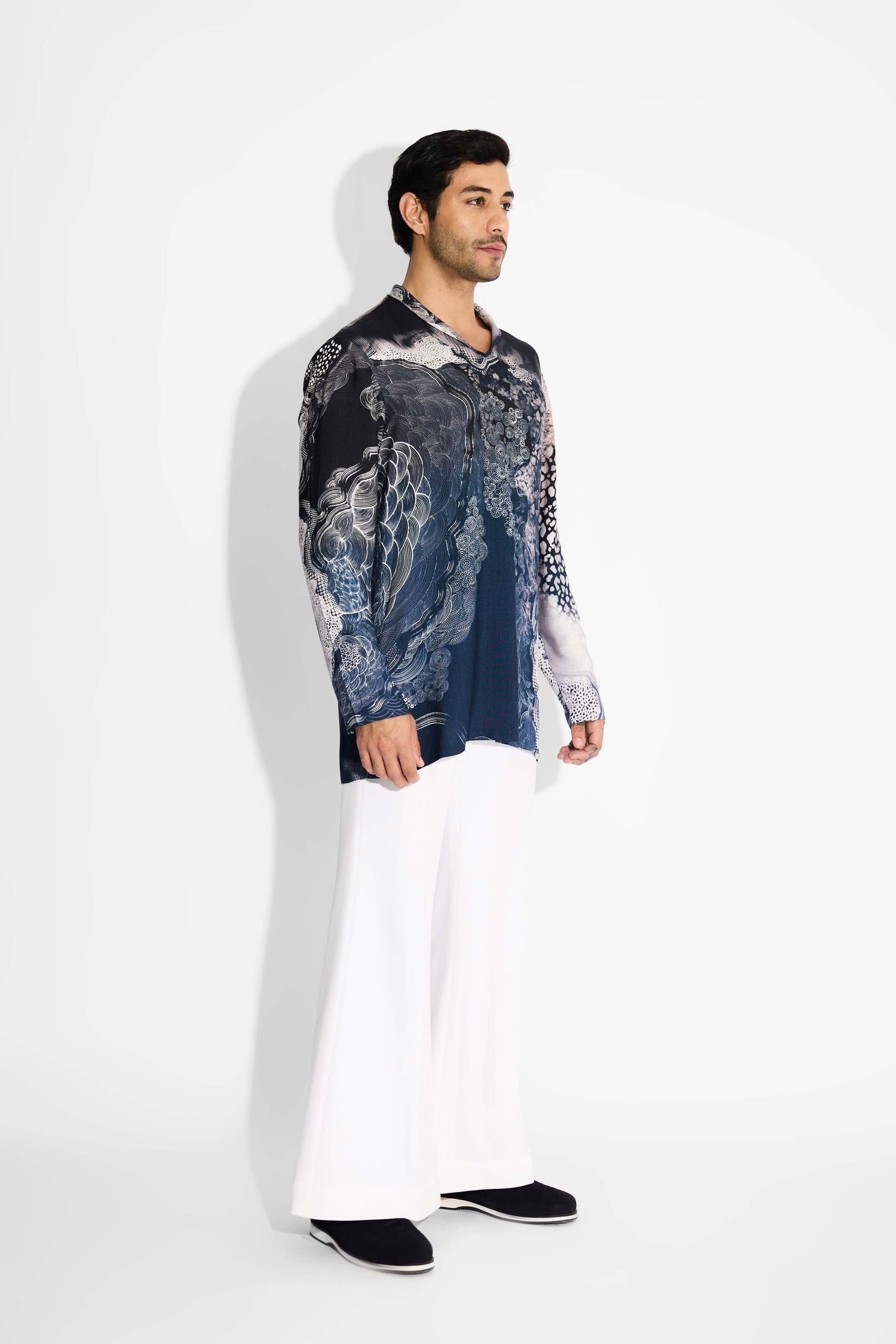 MORPH Black ombre swirl print V neck kurta
