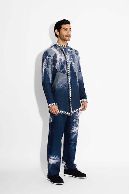 Swirl print blue straight fit pants