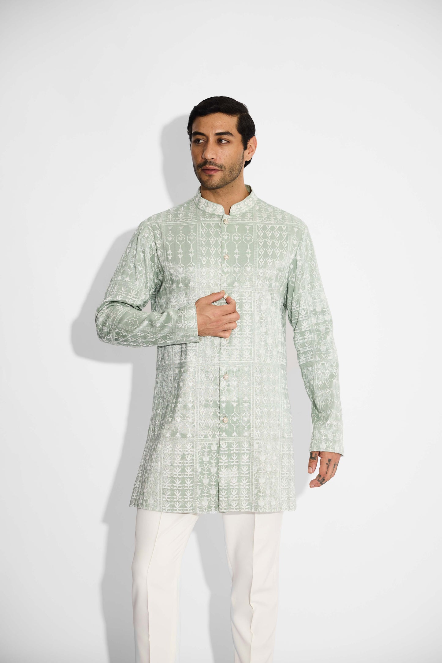Ash green silver embellished Bandgala