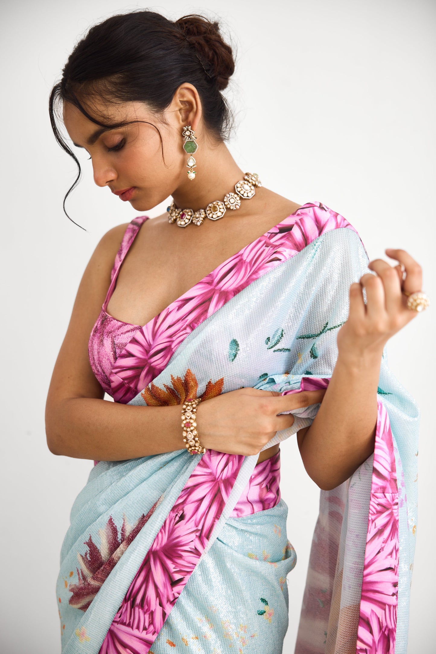 Bright Flower Women wear Sequence saree set