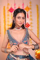 Women's Teal Patola Belted Lehenga Set closeview