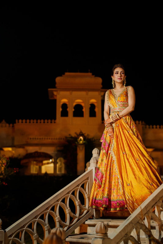 Women's Yellow Printed Patola Lehenga Set