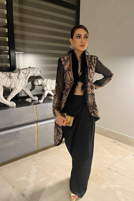 Women's Black Embroidered Kashida Jacket Set
