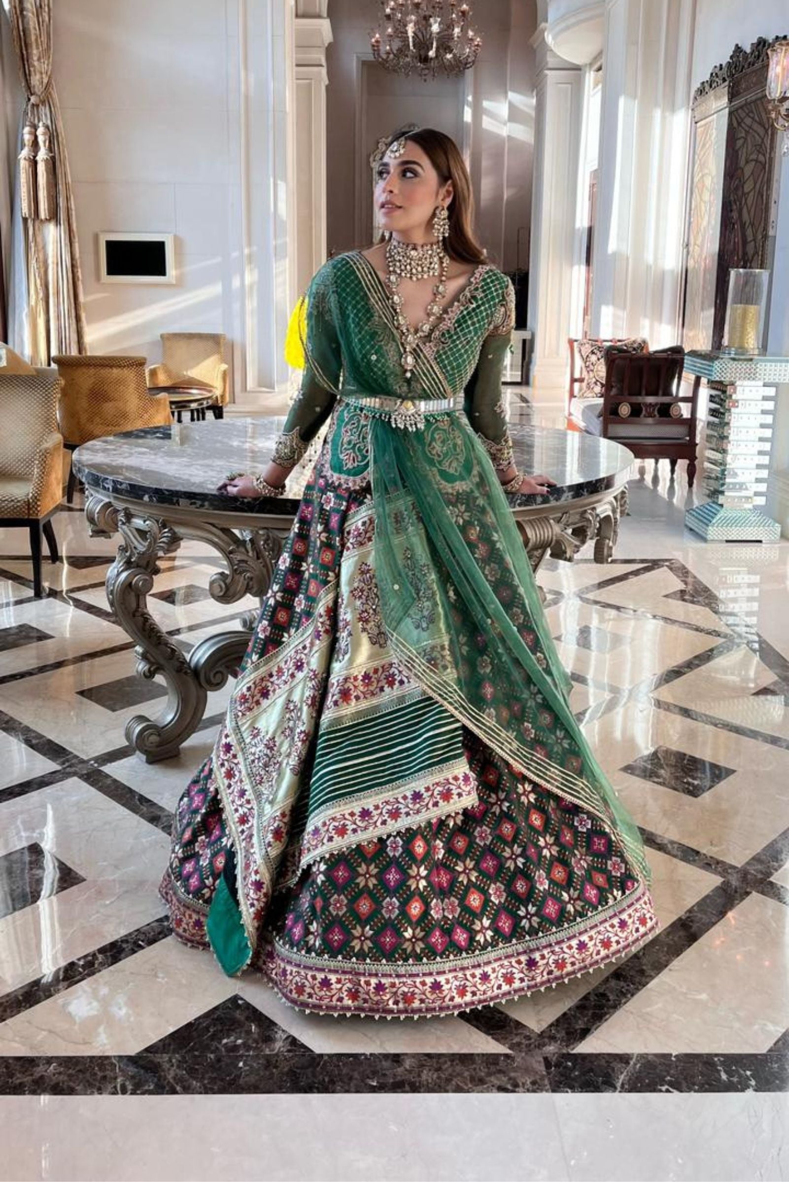 Women's Green Embroidered Jacket-Lehenga Set