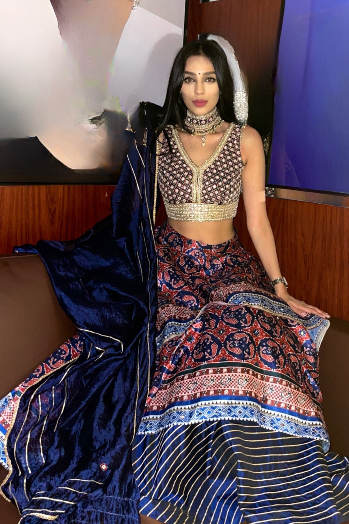 Blue Printed Embroidered Asymmetrical Lehenga