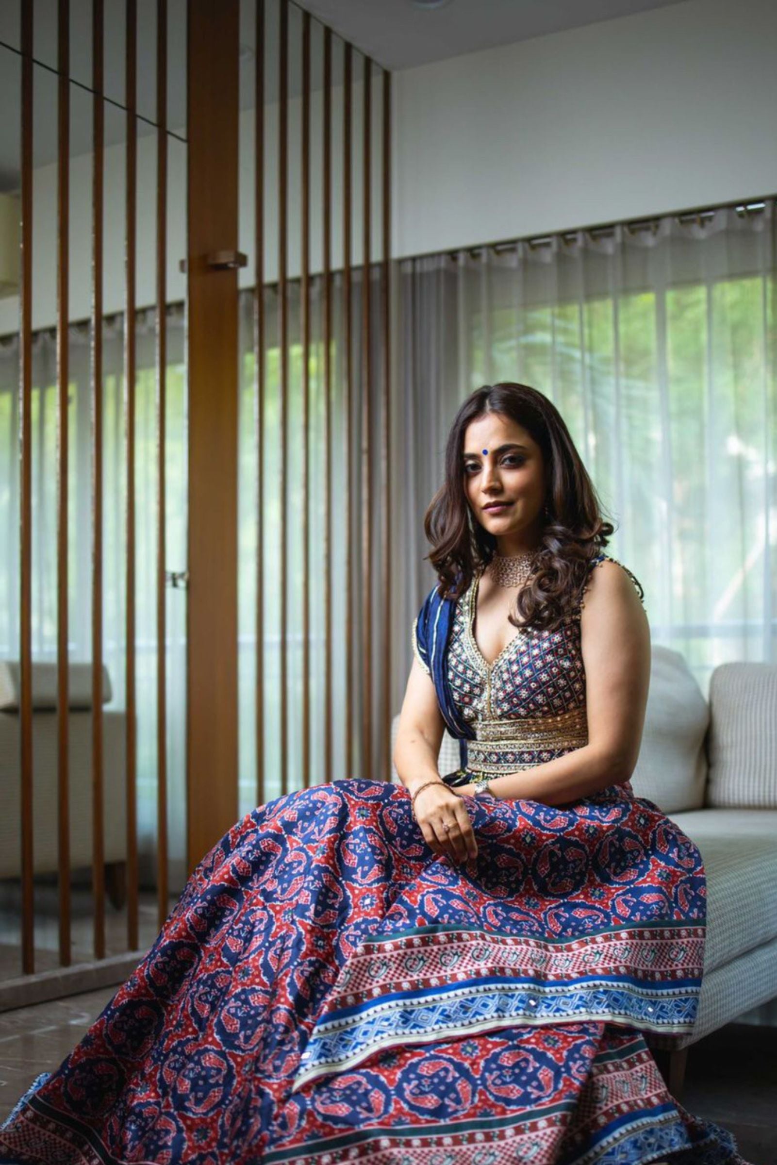 Buy Women's Blue Printed Asymmetrical Lehenga