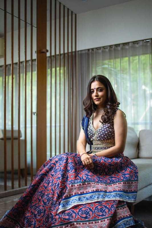 Buy Women's Blue Printed Asymmetrical Lehenga