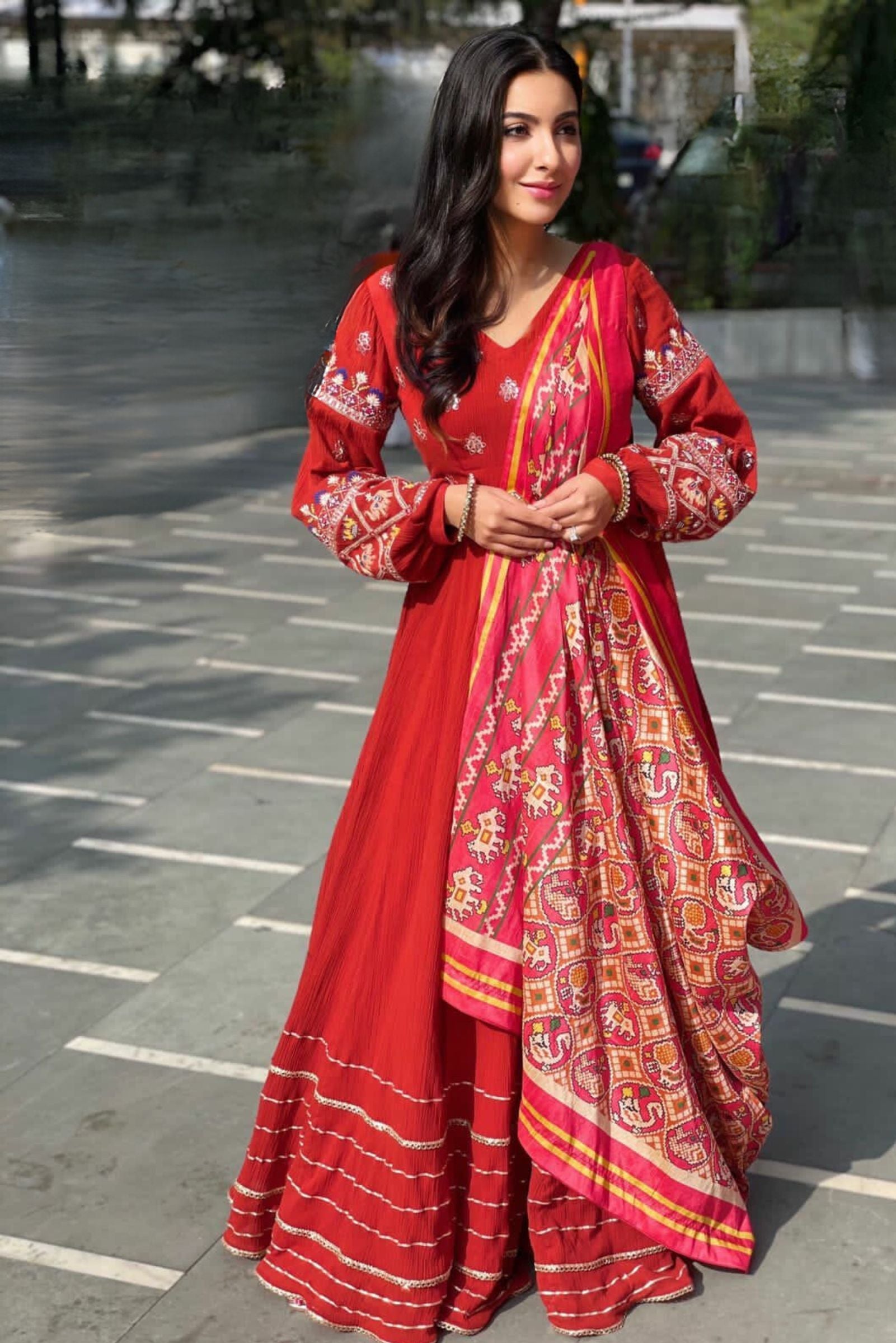 Women's Red Draped Embroidered Anarkali Set