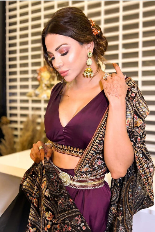 Buy Wine Kashida Embroidered Draped S