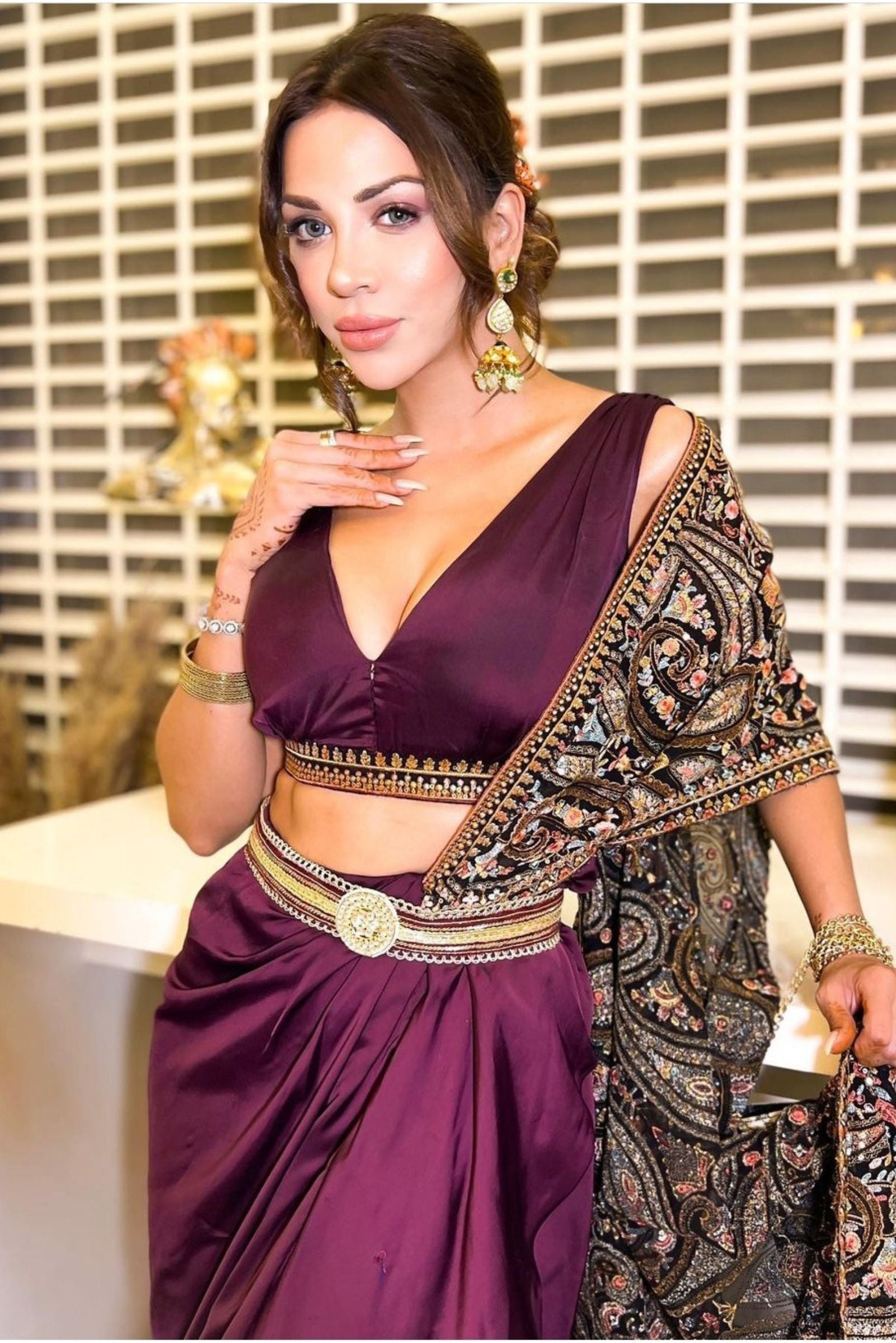 Buy Wine Kashida Embroidered Draped S