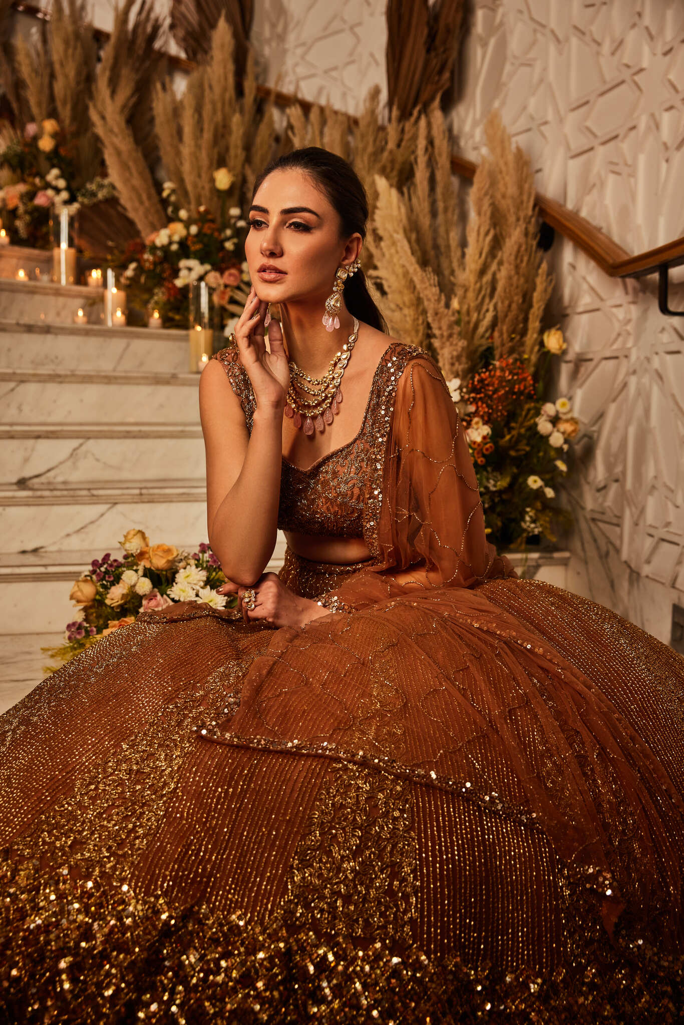 Saddle Brown Tulle Hand Embroidered Lehenga Set