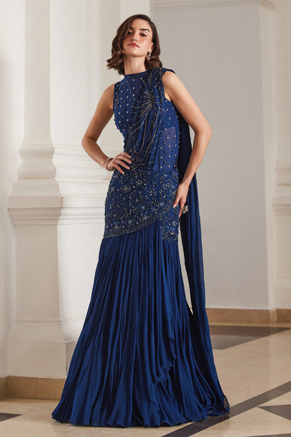 Teal Blue Saree With Bodysuit