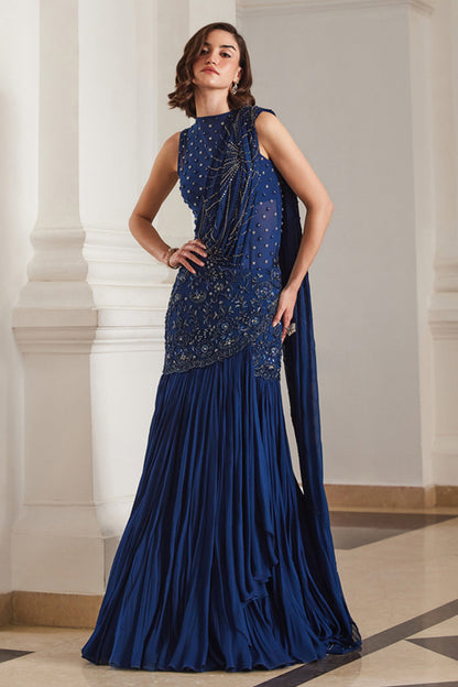 Teal Blue Saree With Bodysuit