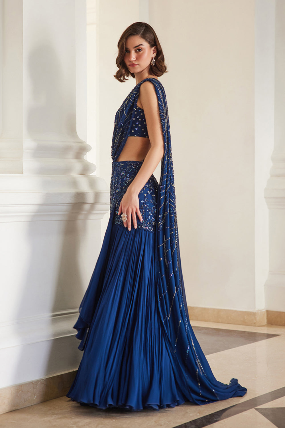 Teal Blue Saree With Bustier