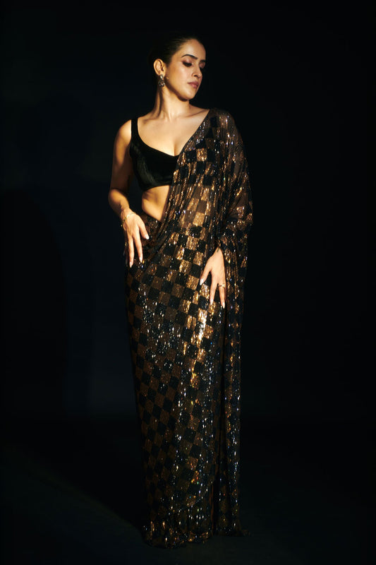 Sanya Malhotra In Golden Nightfall Crystal Saree Set