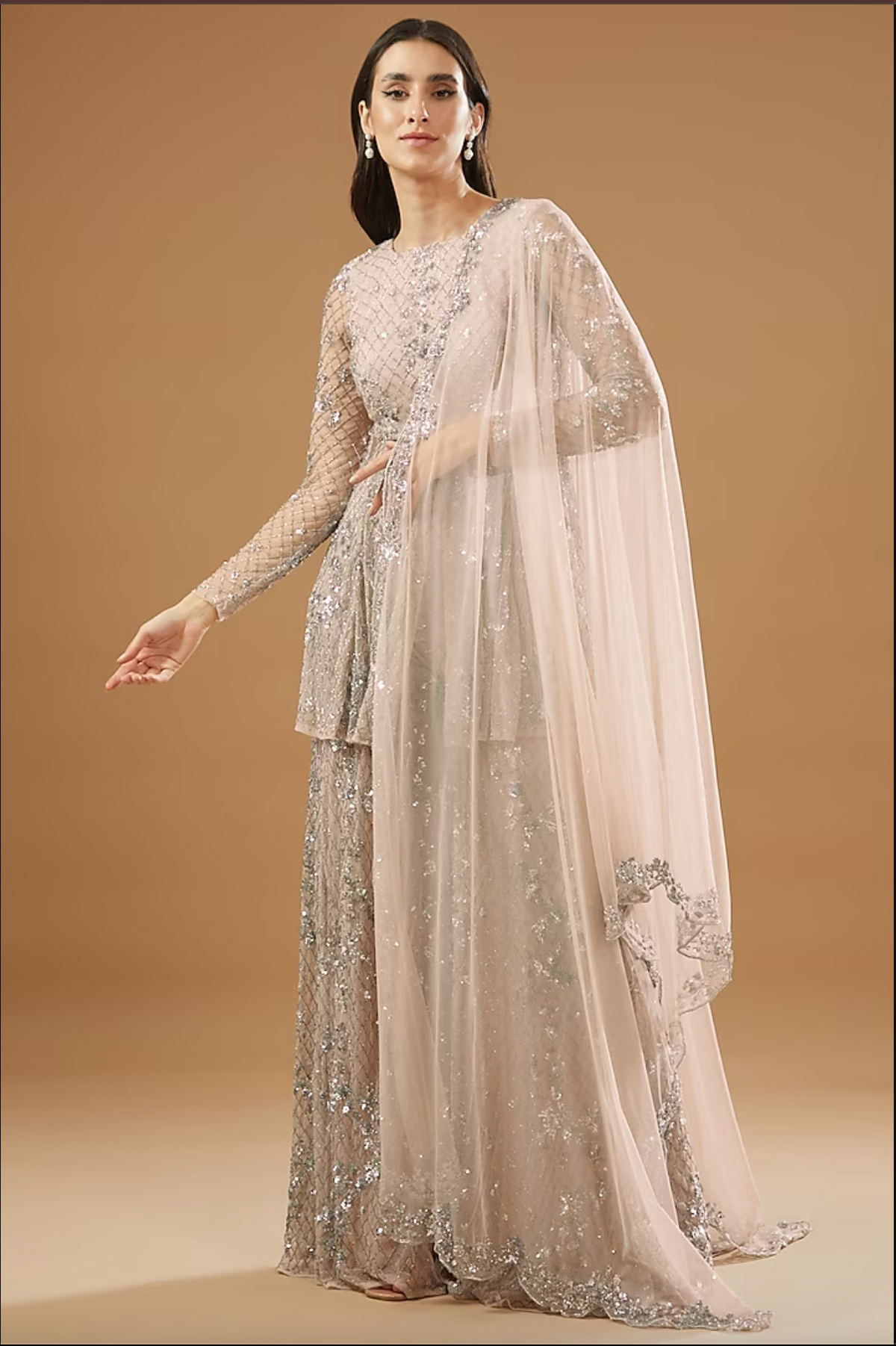 Pink Net Embroidered Sharara Set