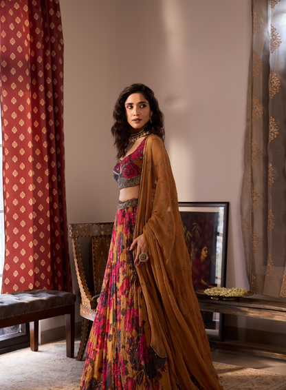 DARK MUSTARD CHIFFON FLORAL LEHENGA