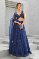 Serena Deep Blue Organza Silk Embroidered Lehenga Set