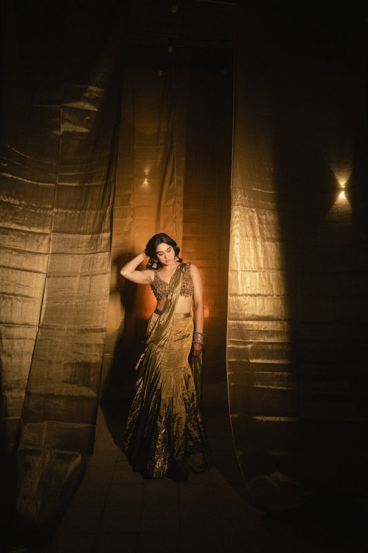 Sharvari in Antique Gold Lehenga Set