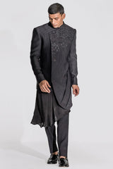Minimally Magnificent Black Asymmetrical Angrakha Achkan - Asuka Couture