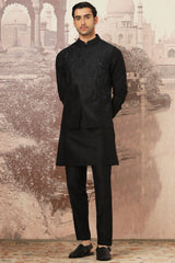  Shop Black Aura Embroidered Raw Silk Kurta Bundi Set