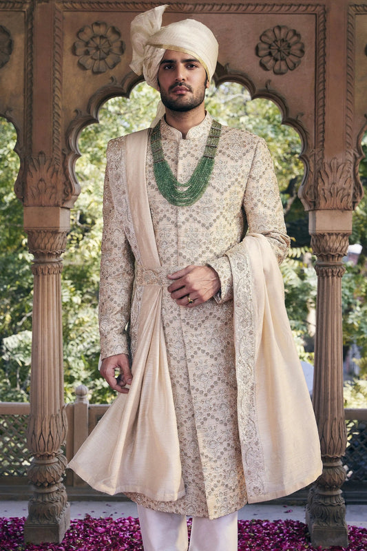 Cream Pitta and Sequins Embroidered Sherwani - Asuka Couture