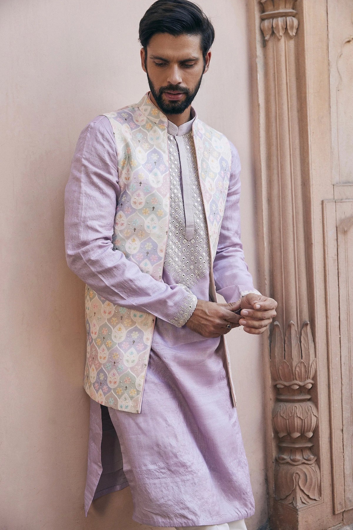 Shop Lilac Mirror Embroidered Bundi Set