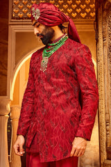 Shop Now: Deep Red Chanderi Silk Asymmetrical Sherwani – Affordable Price