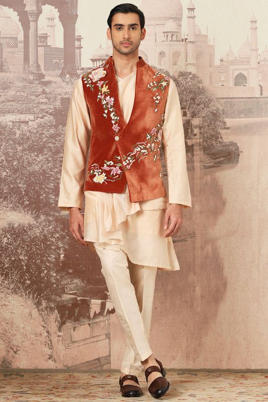 Shop Quality Sienna Rust Velvet Embroidered Kurta Bundi Set